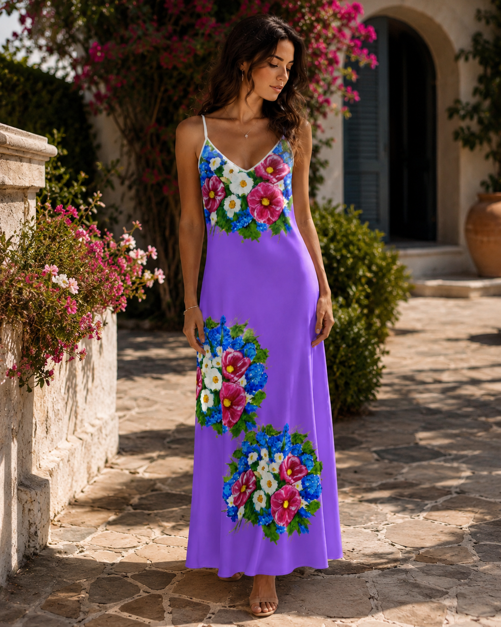 Summer Bouquet Purple Maxi Slip Dress