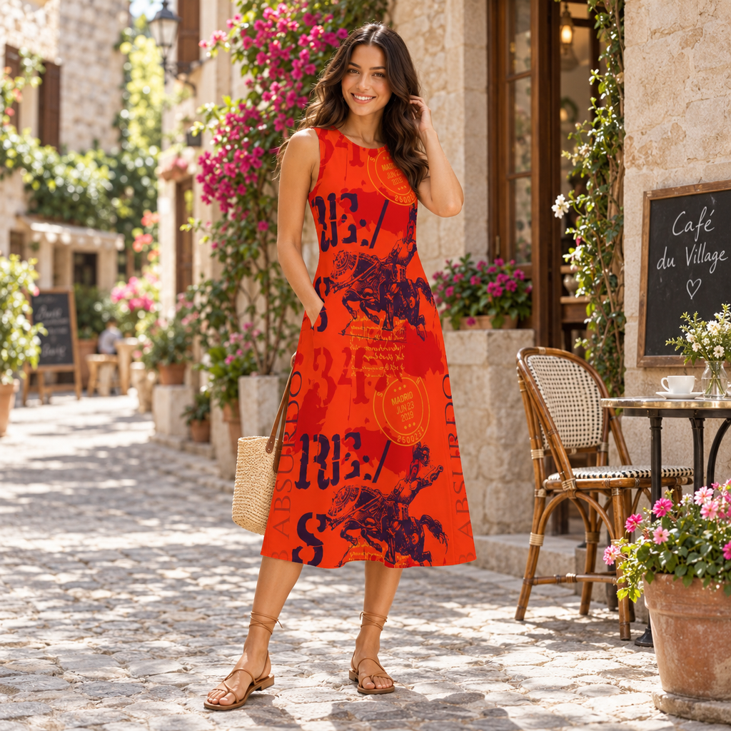 Madrid Graphic Cotton-Linen Midi Dress | Rose La Bohème™