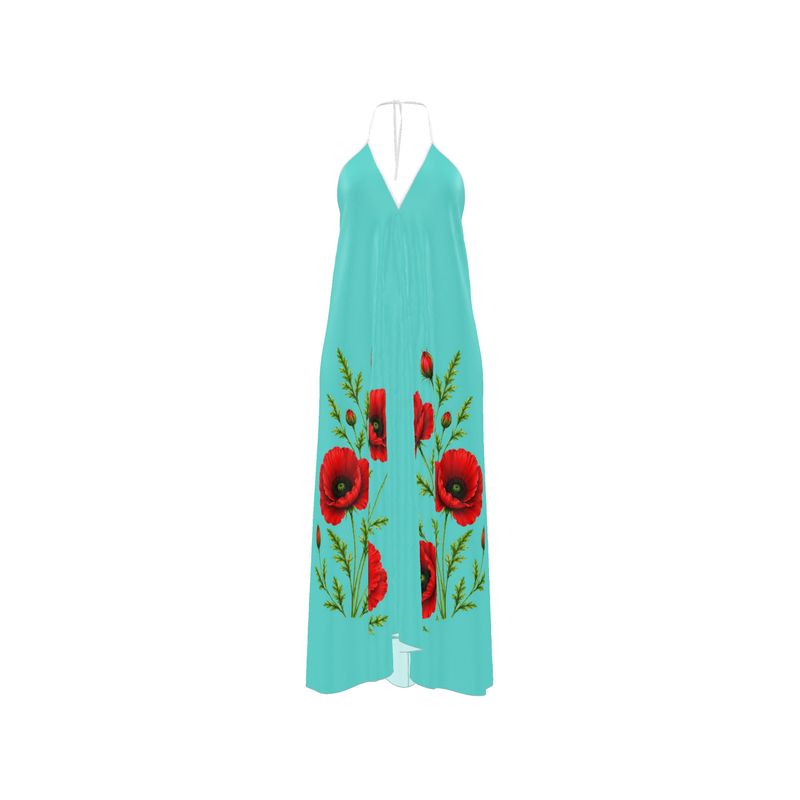Turquoise Poppy Halter Backless dress