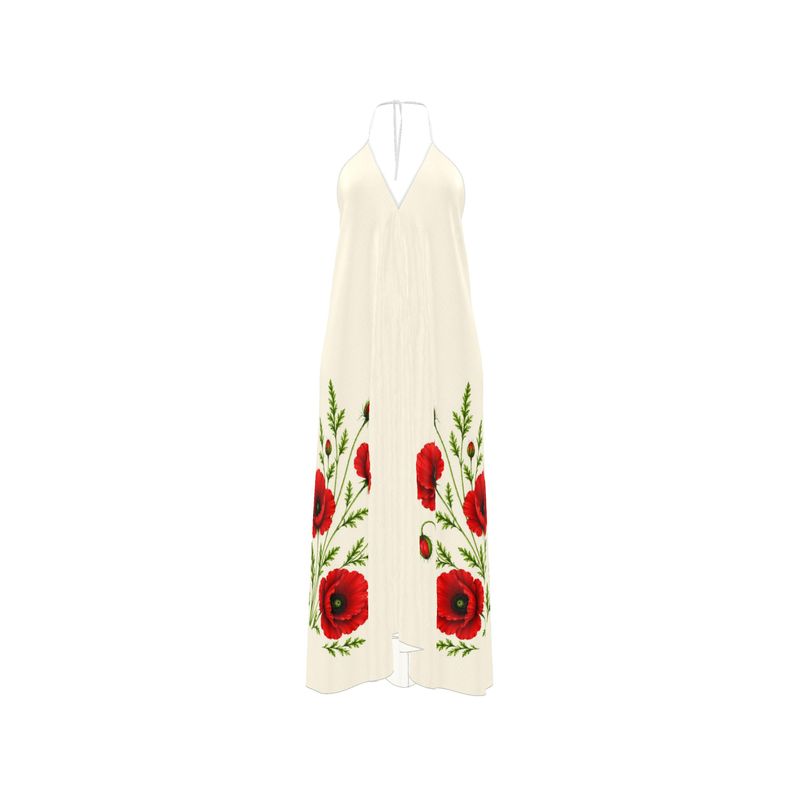 Ivory Poppy Silk Halterneck dress