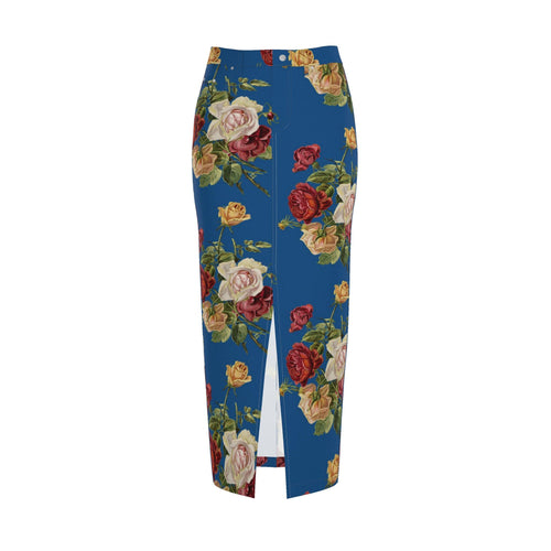 Blue Floral Denim Pencil Skirt - Rose Print