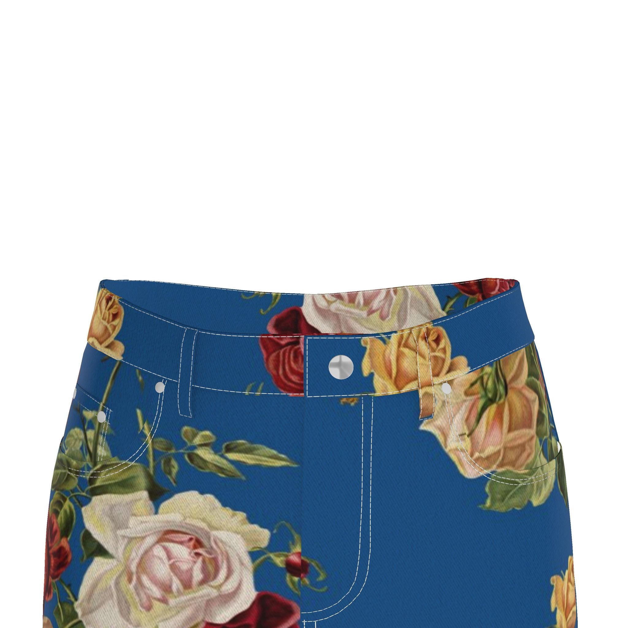 Blue Floral Denim Pencil Skirt - Rose Print