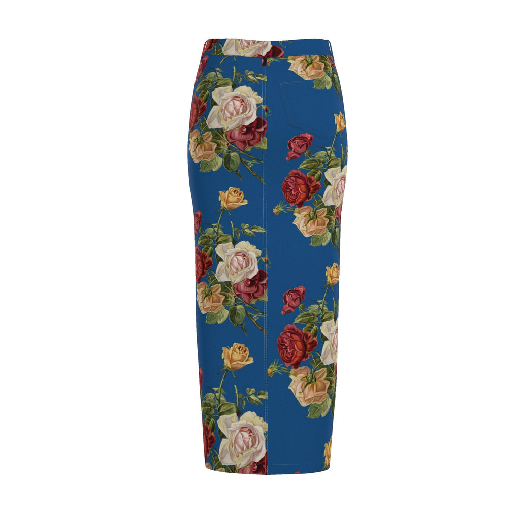 Blue Floral Denim Pencil Skirt - Rose Print