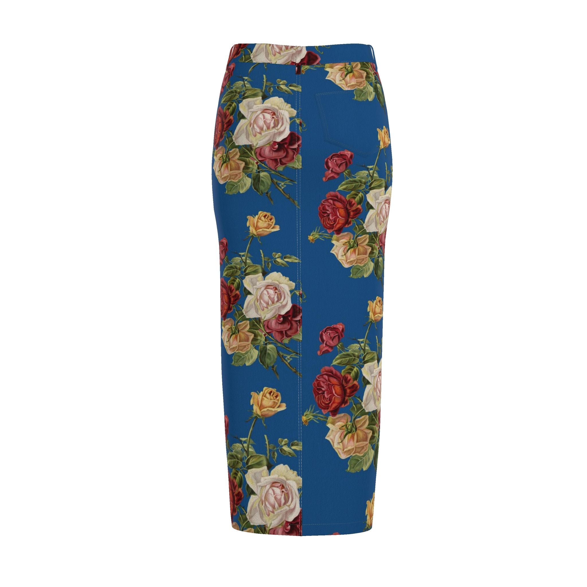 Blue Floral Denim Pencil Skirt - Rose Print