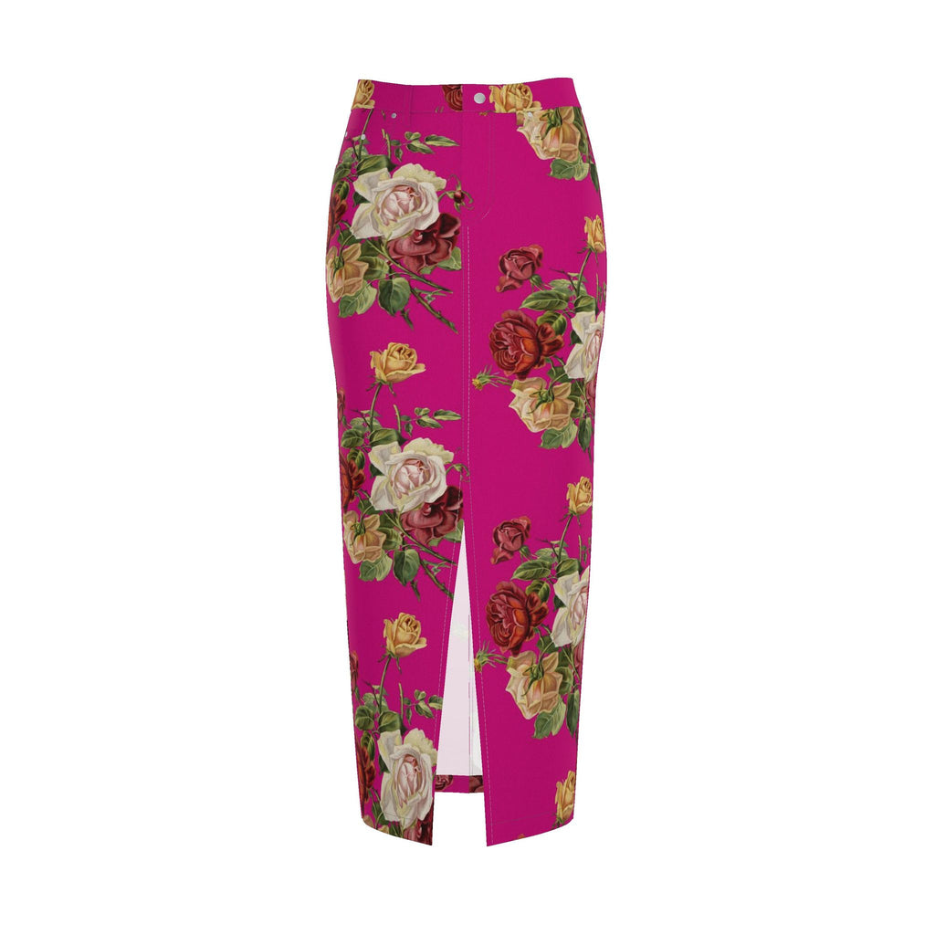 Fuschia Floral Denim Pencil Skirt - Rose Print