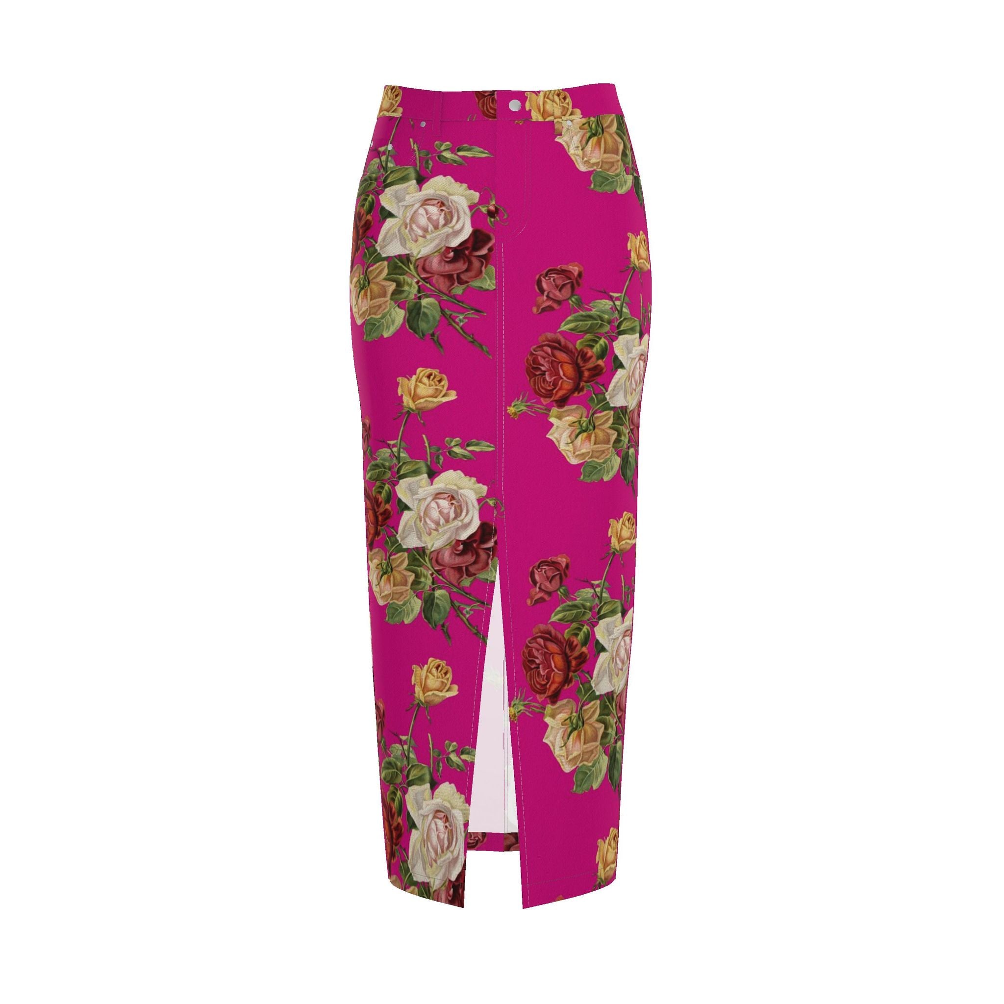 Fuschia Floral Denim Pencil Skirt - Rose Print