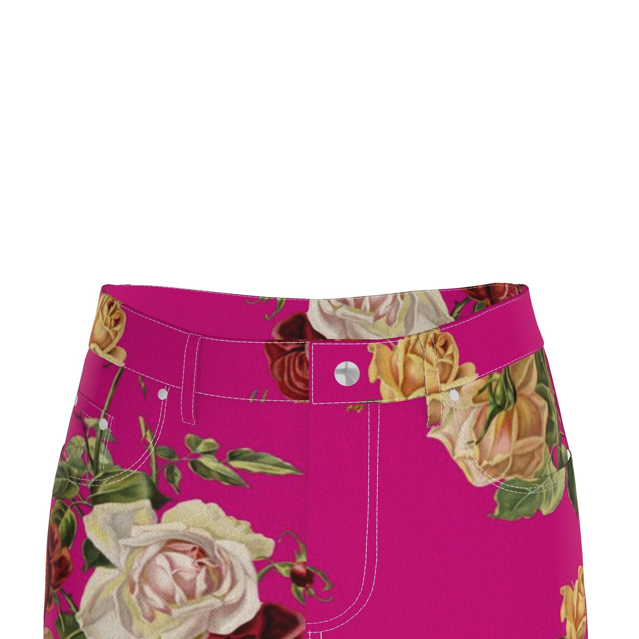 Fuschia Floral Denim Pencil Skirt - Rose Print