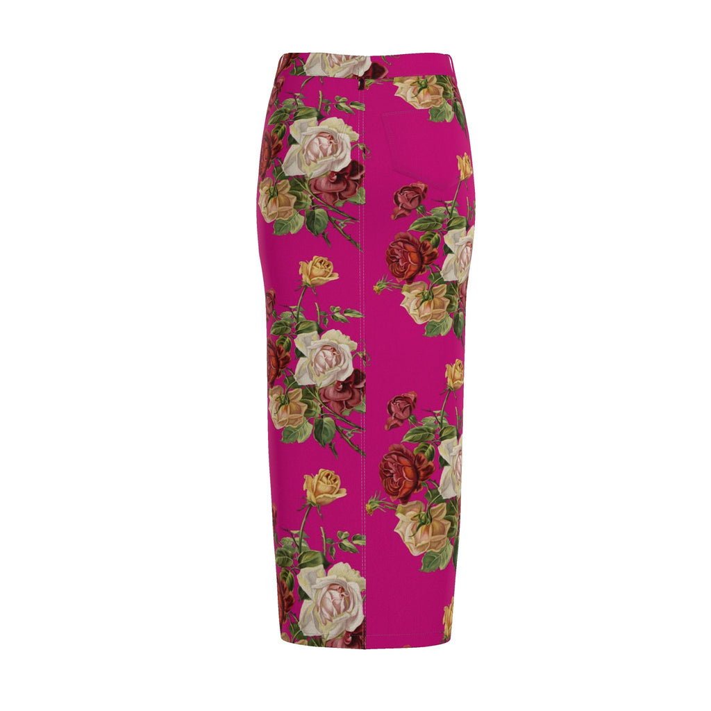 Fuschia Floral Denim Pencil Skirt - Rose Print