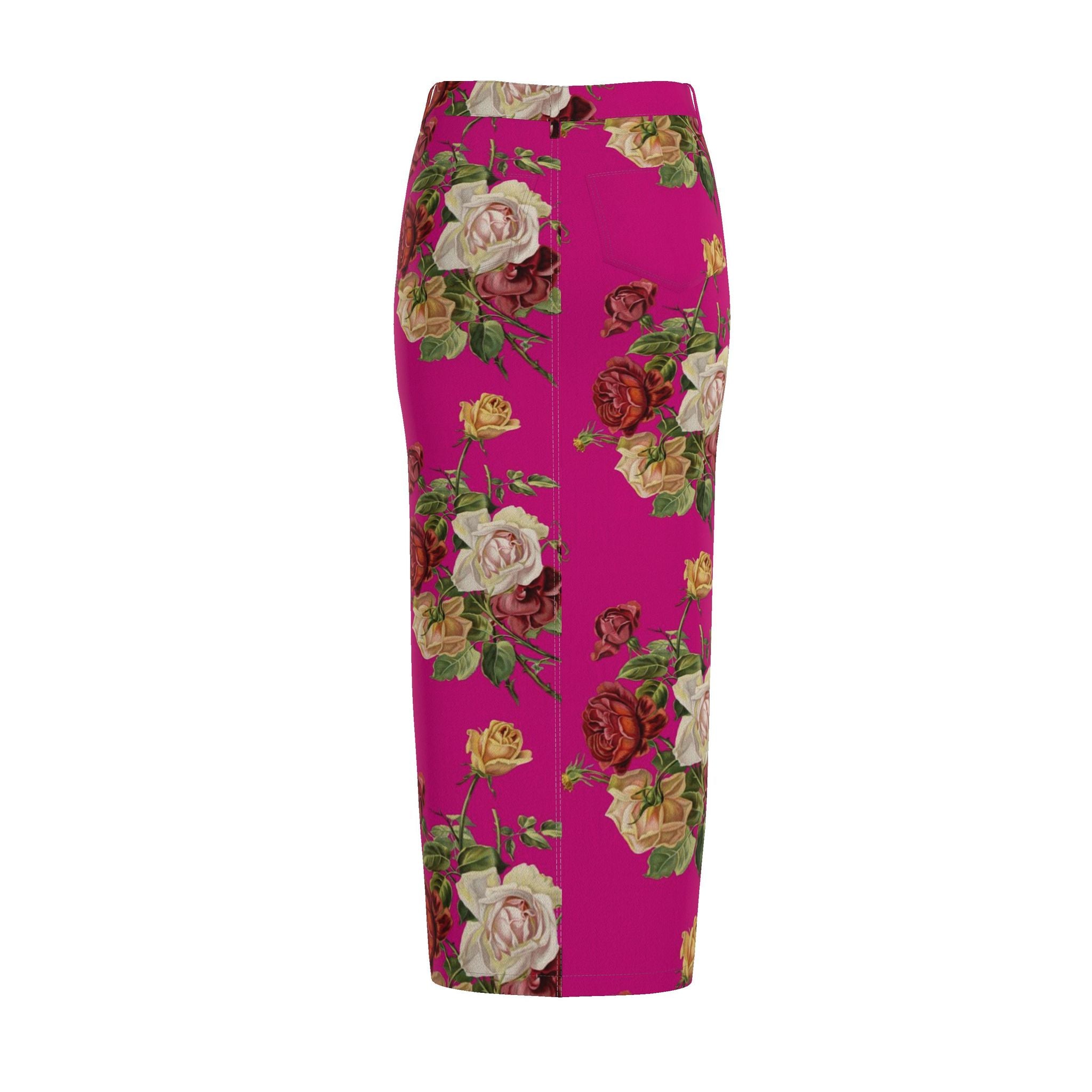 Fuschia Floral Denim Pencil Skirt - Rose Print