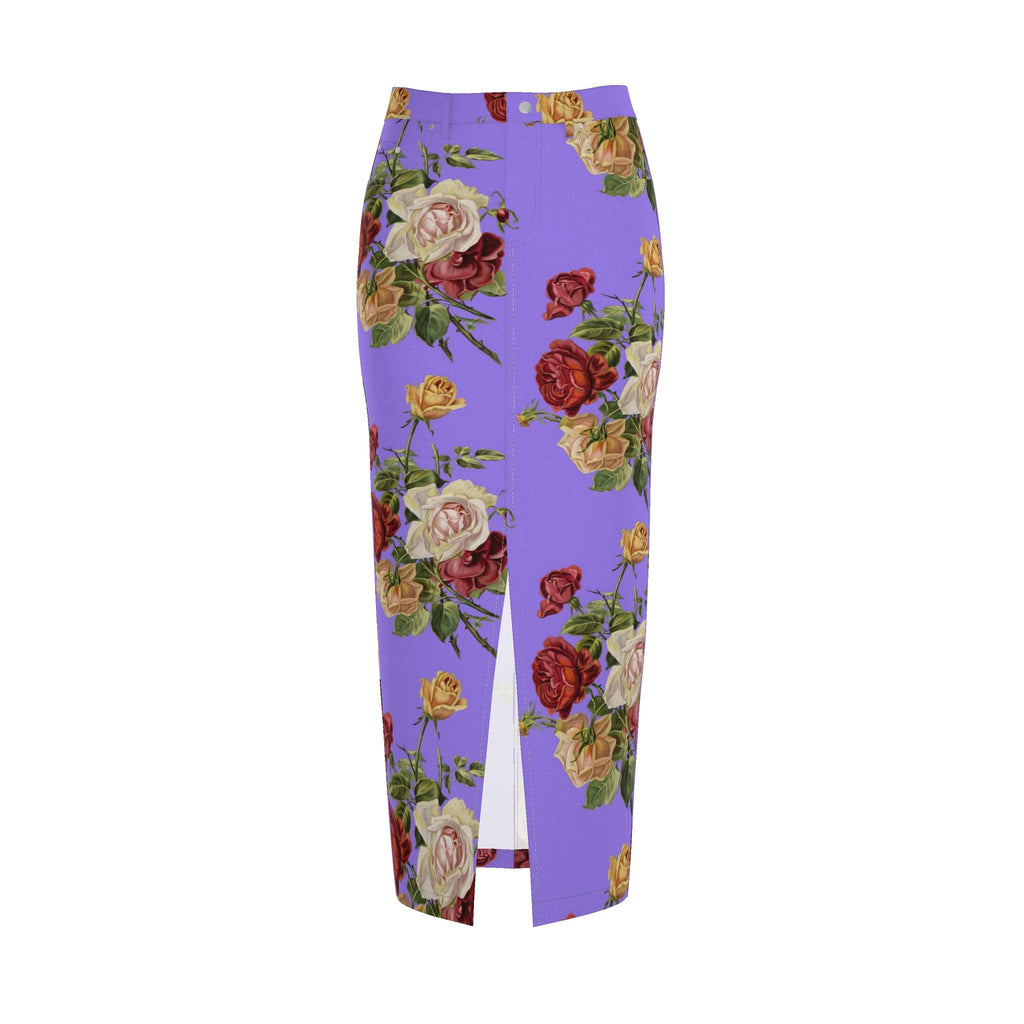 Lavender Floral Denim Pencil Skirt - Rose Print