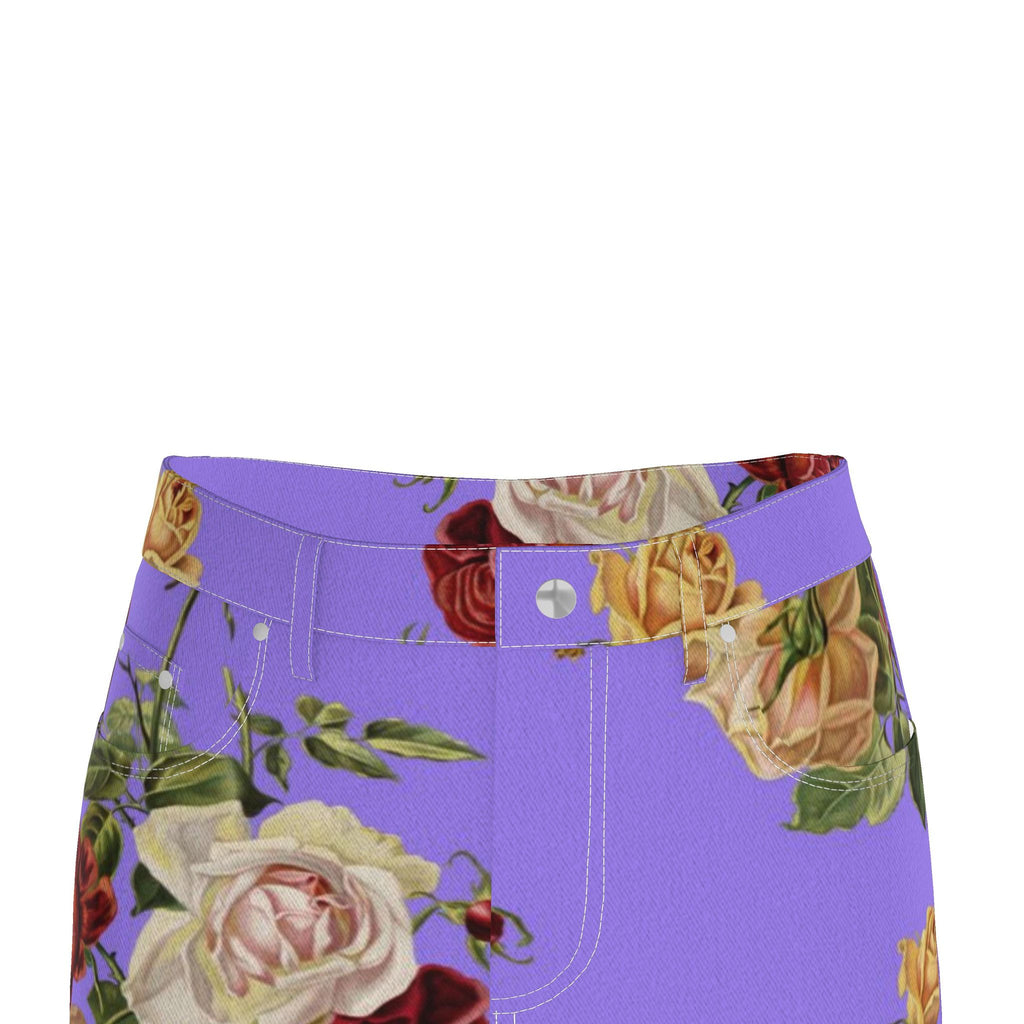 Lavender Floral Denim Pencil Skirt - Rose Print