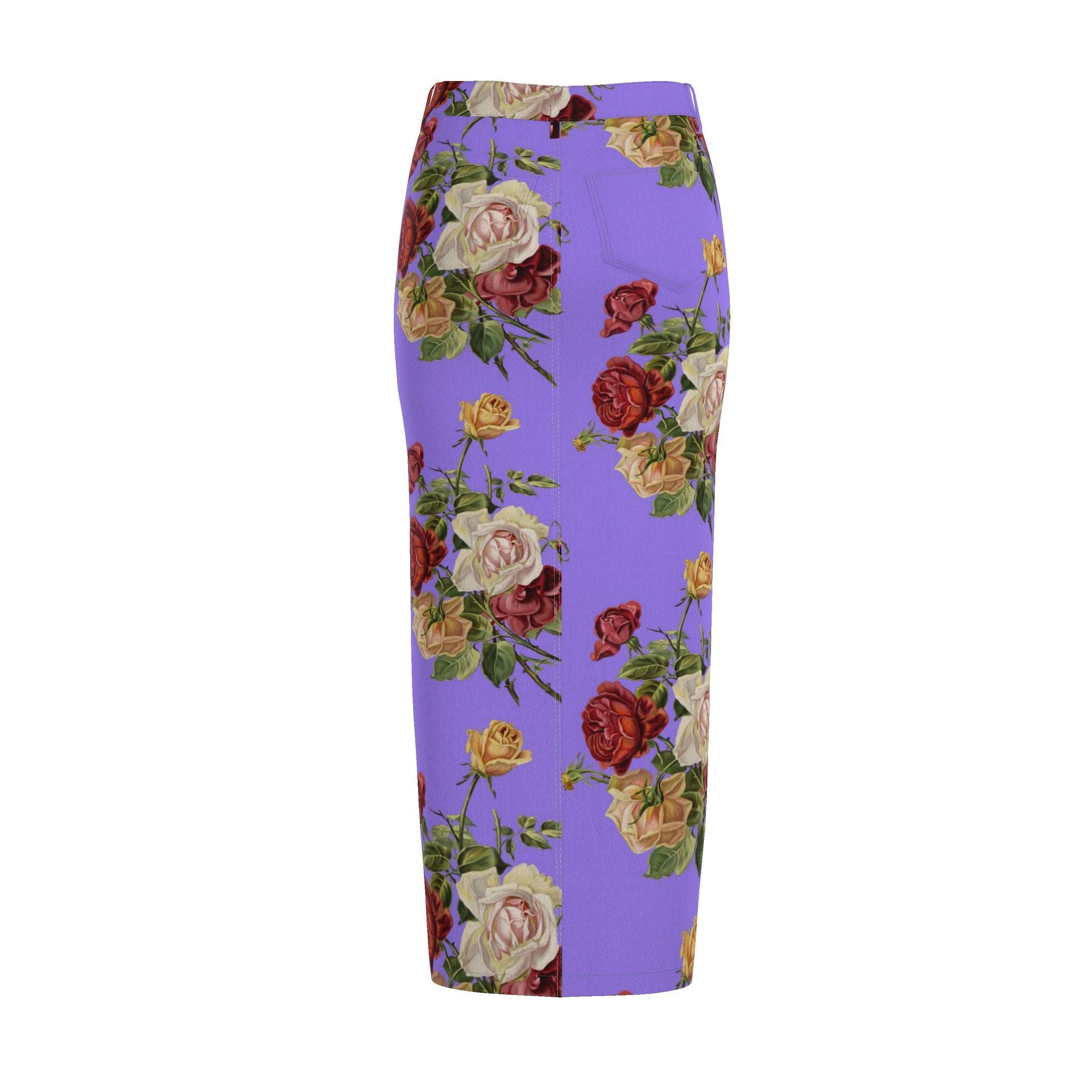 Lavender Floral Denim Pencil Skirt - Rose Print