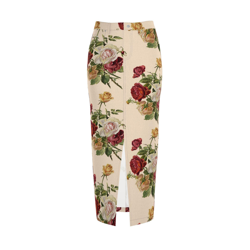 Ivory Floral Denim Pencil Skirt - Rose Print