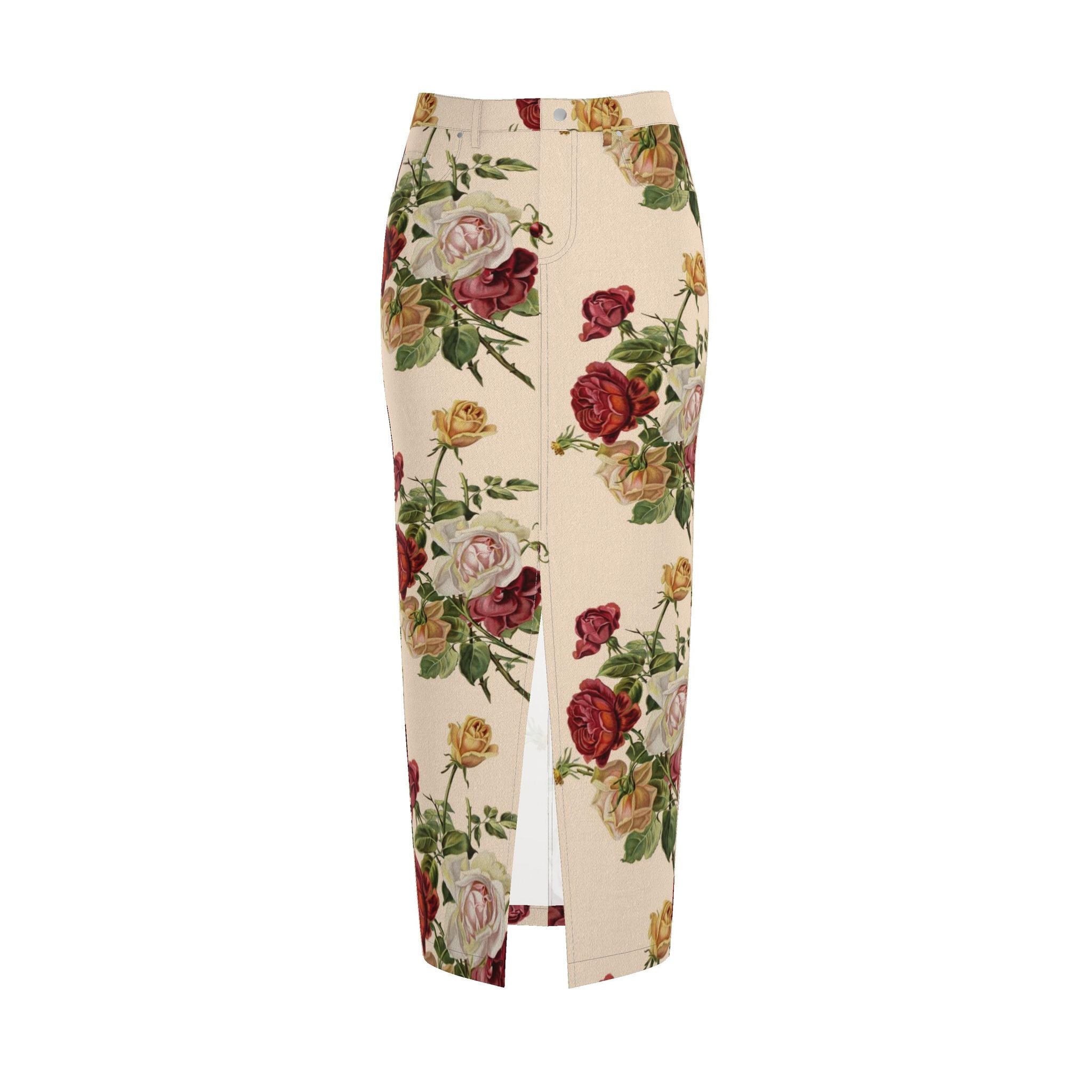 Ivory Floral Denim Pencil Skirt - Rose Print