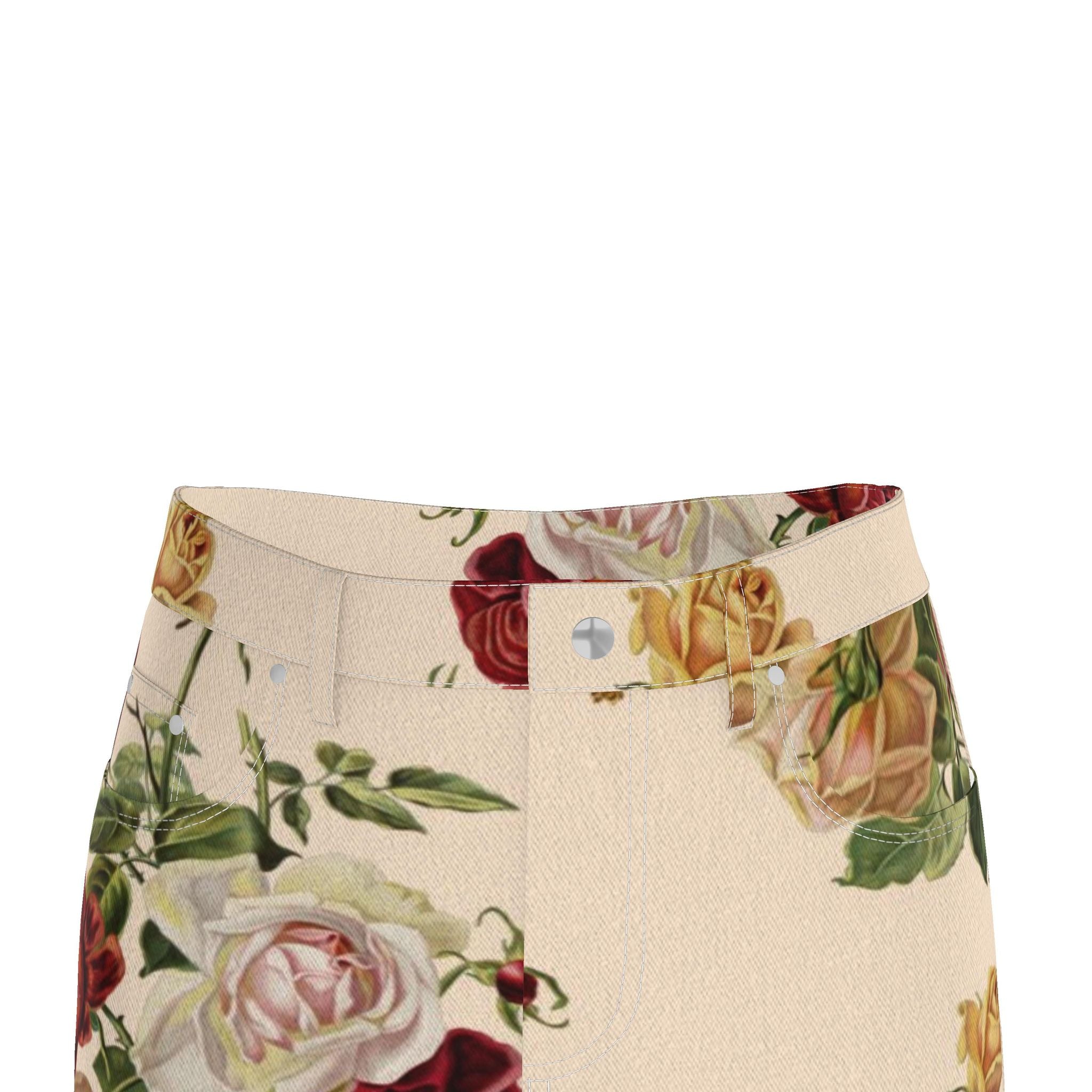 Ivory Floral Denim Pencil Skirt - Rose Print