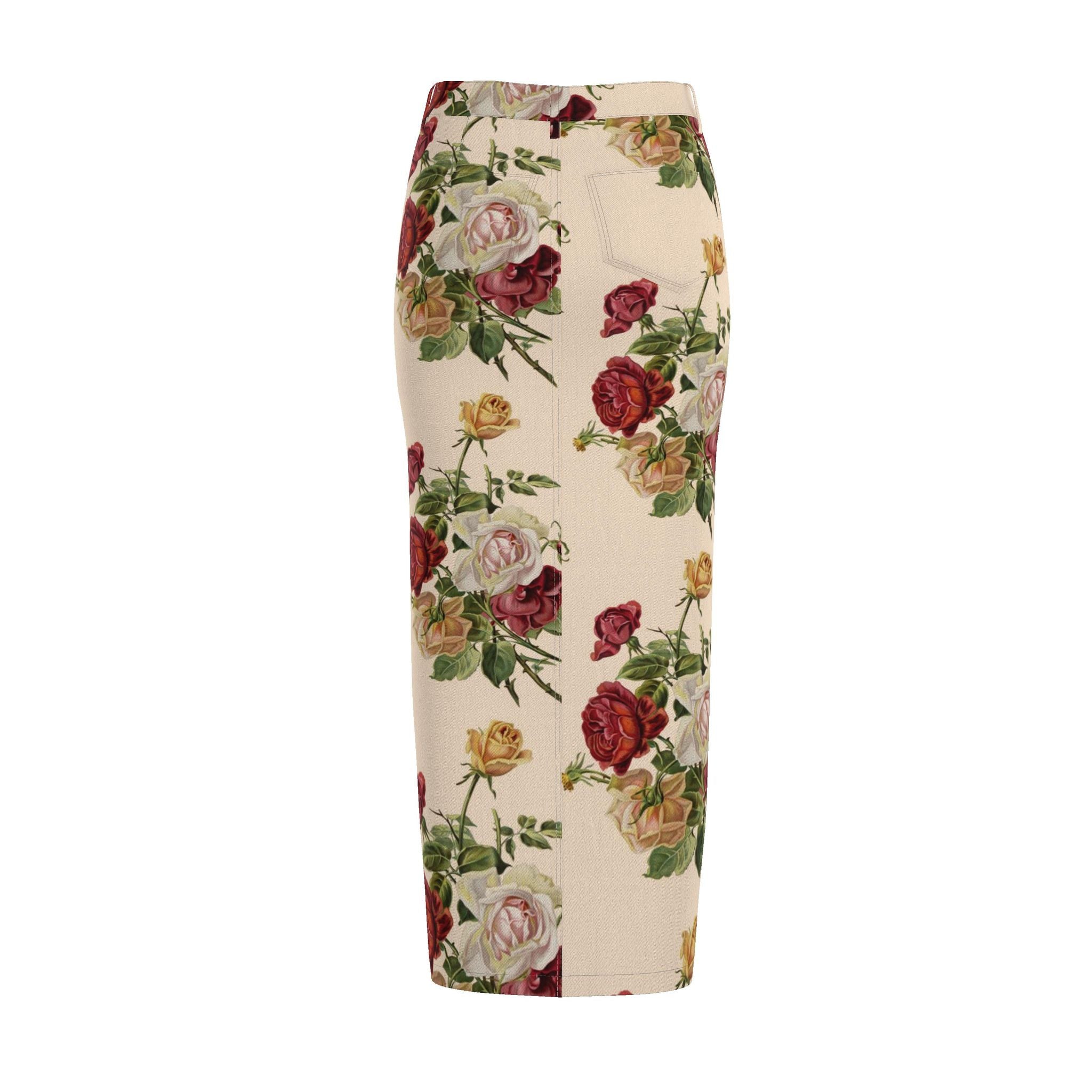 Ivory Floral Denim Pencil Skirt - Rose Print