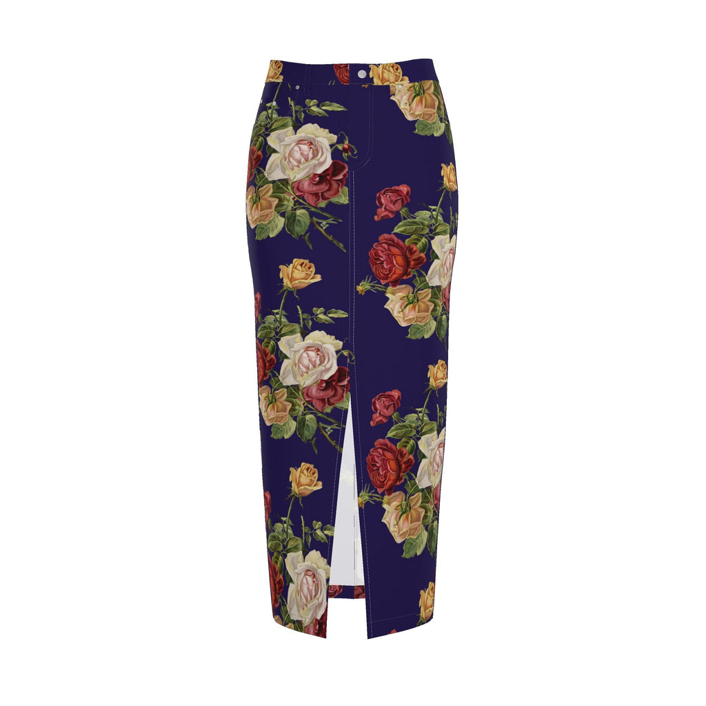 Navy-Blue Floral Denim Pencil Skirt - Rose Print