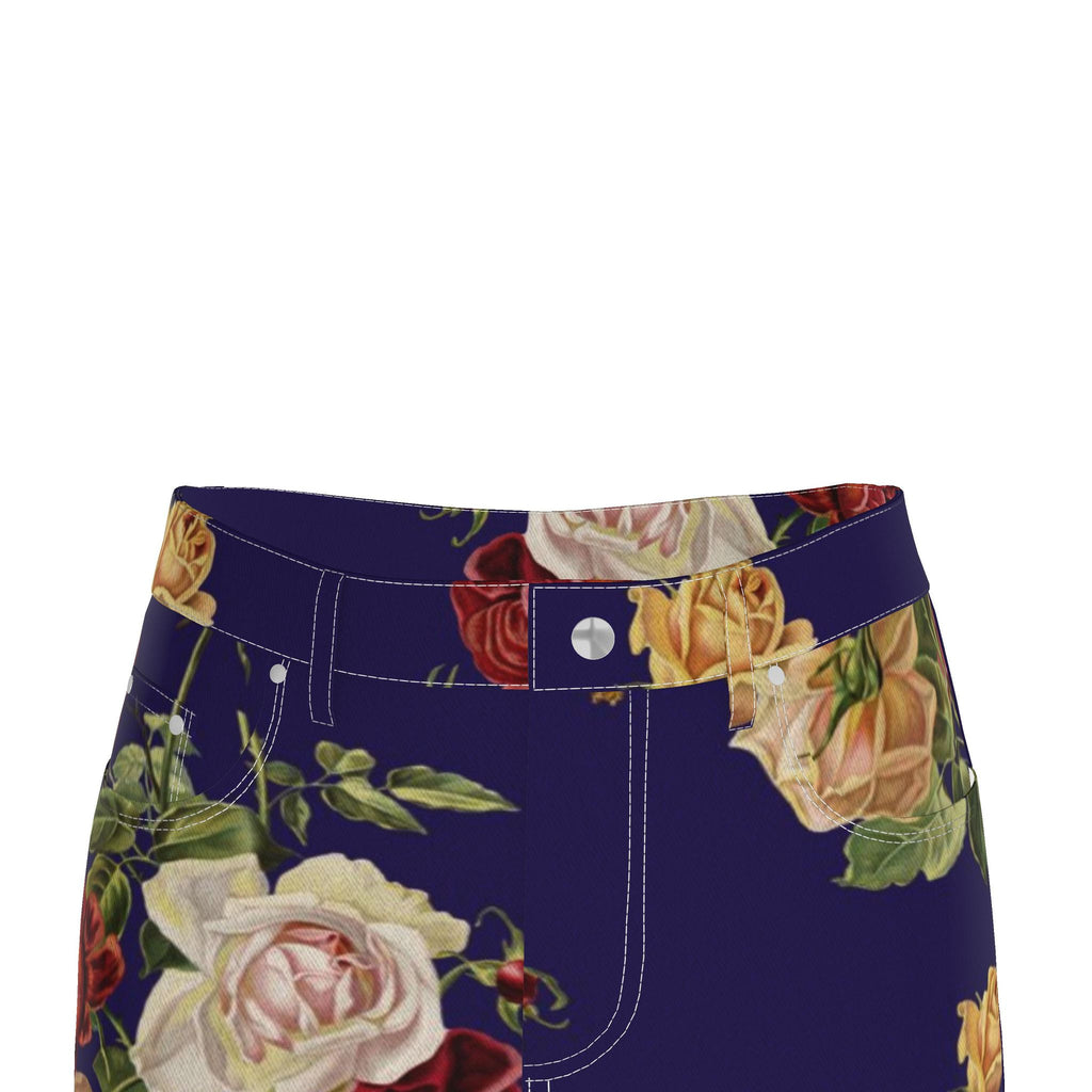 Navy-Blue Floral Denim Pencil Skirt - Rose Print