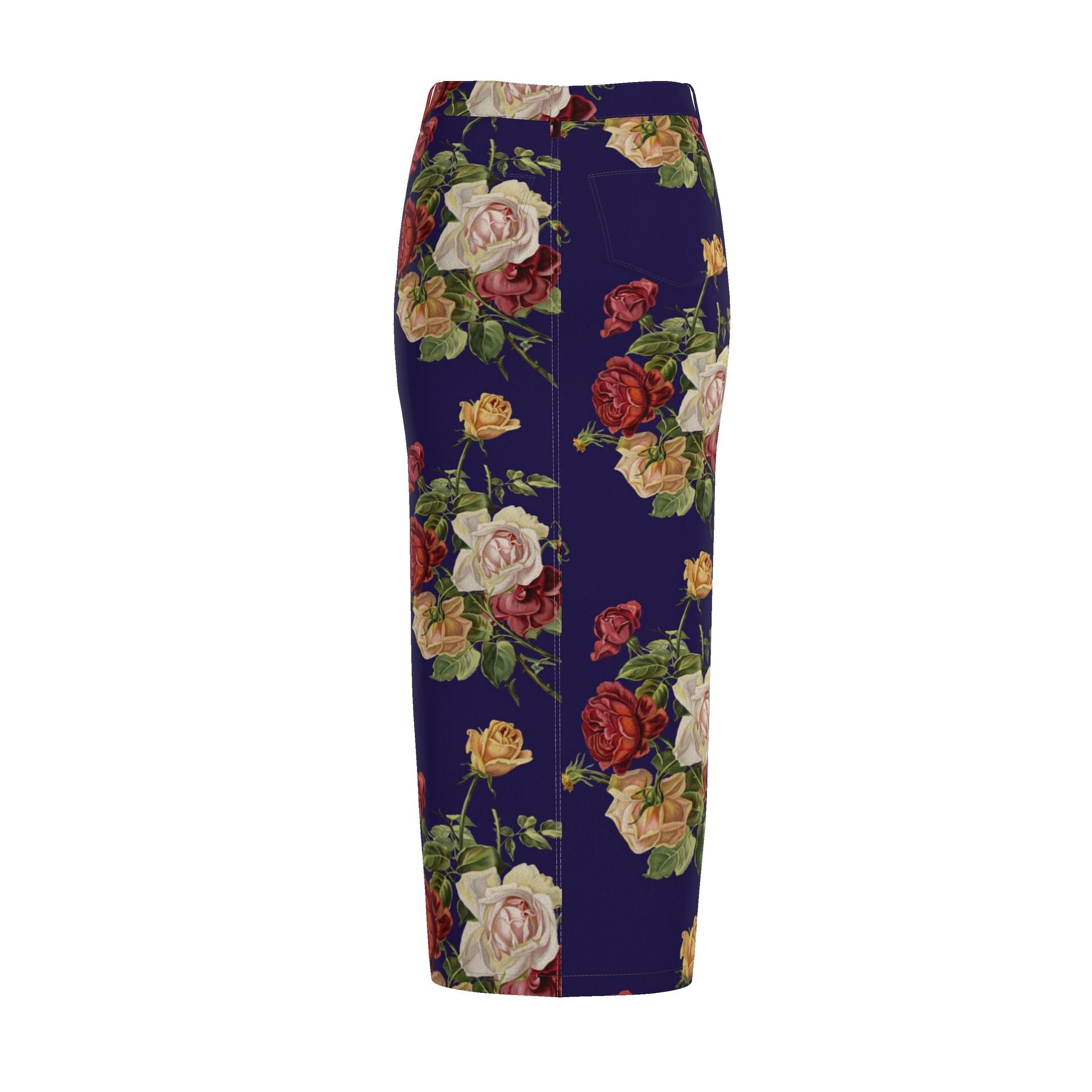 Navy-Blue Floral Denim Pencil Skirt - Rose Print
