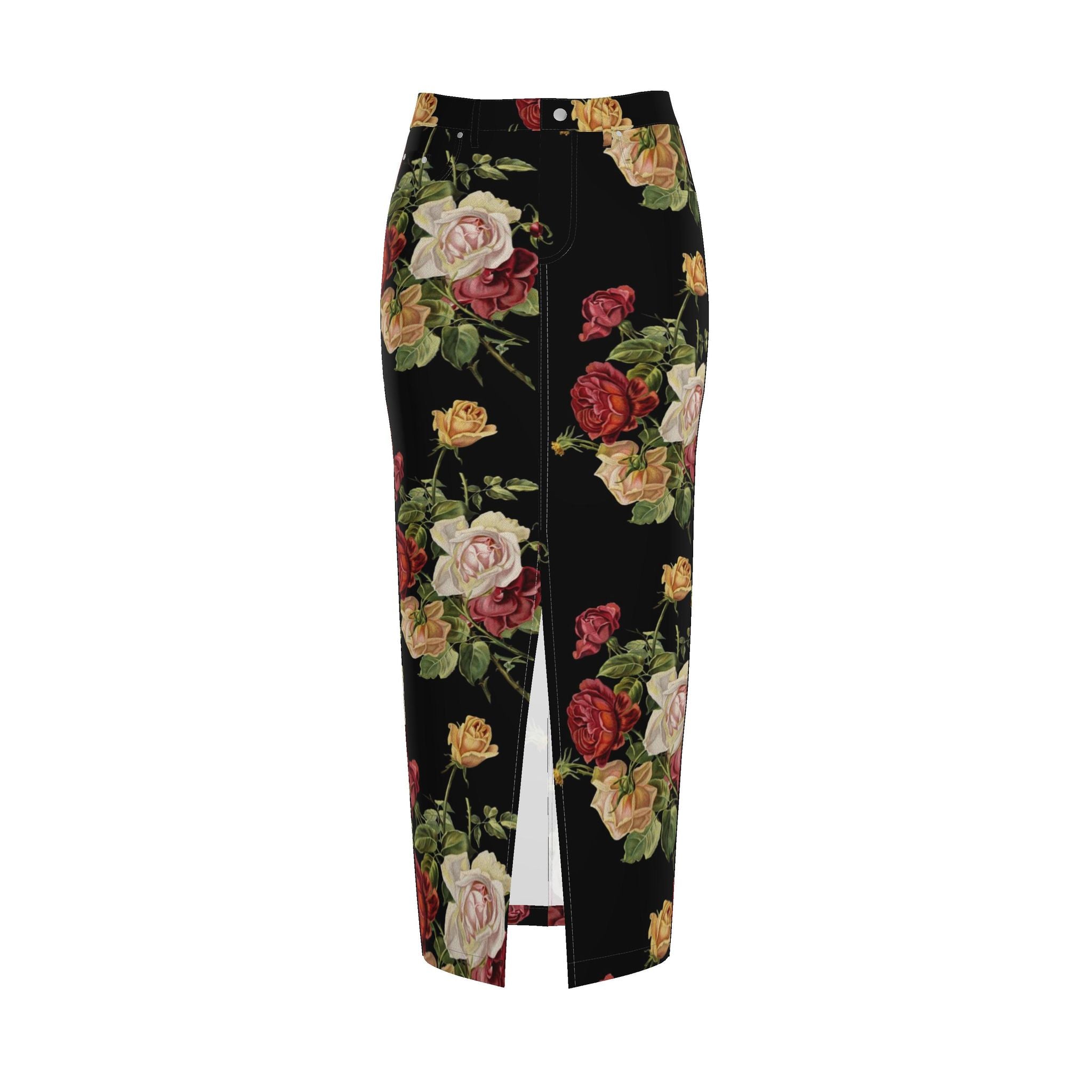 Black Floral Denim Pencil Skirt - Rose Print