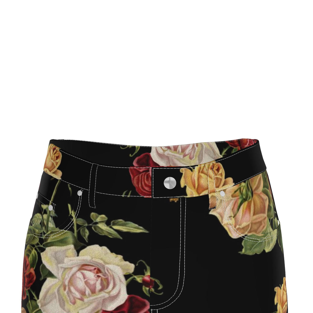 Black Floral Denim Pencil Skirt - Rose Print