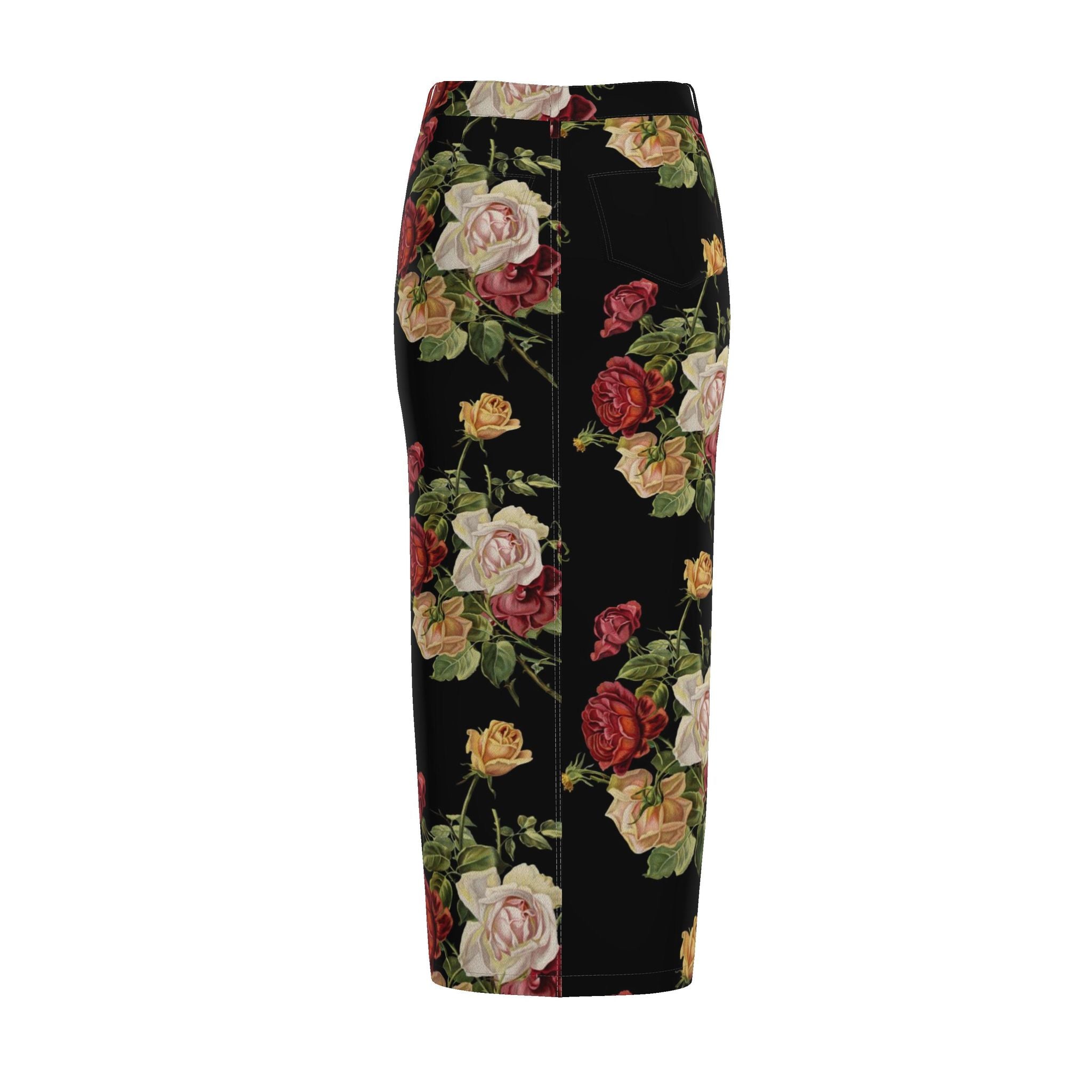 Black Floral Denim Pencil Skirt - Rose Print