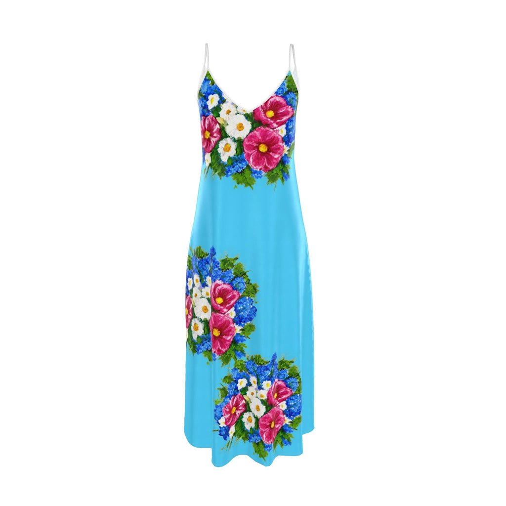 Sky Blue Summer Bouquet Slip Maxi Dress