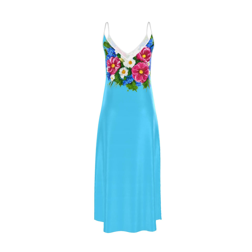 Sky Blue Summer Bouquet Slip Maxi Dress