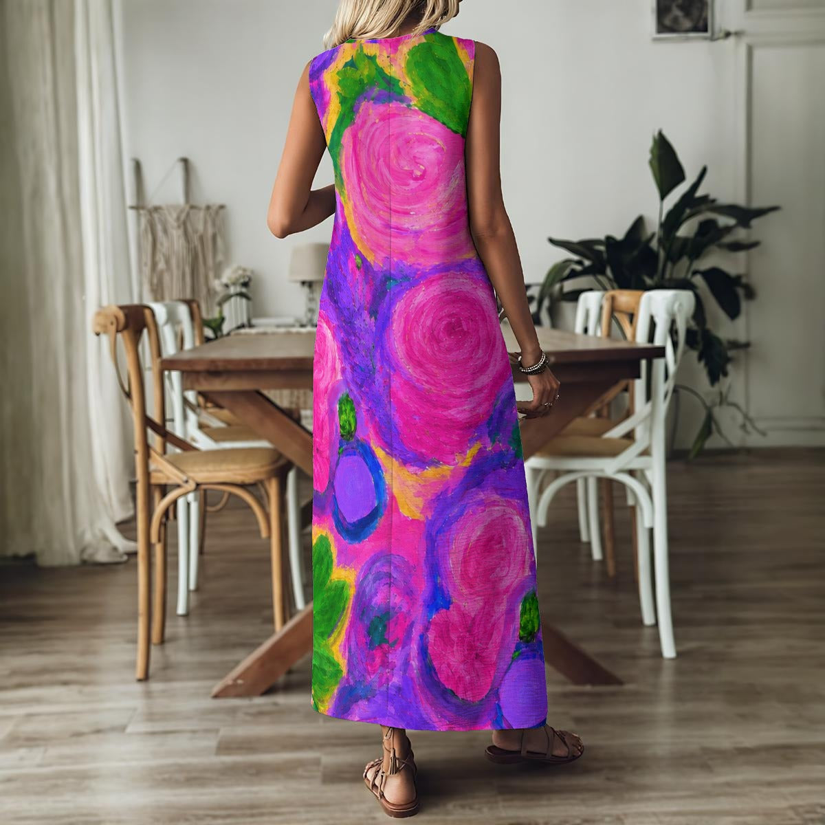 Modern Floral V-Neck Long Dress