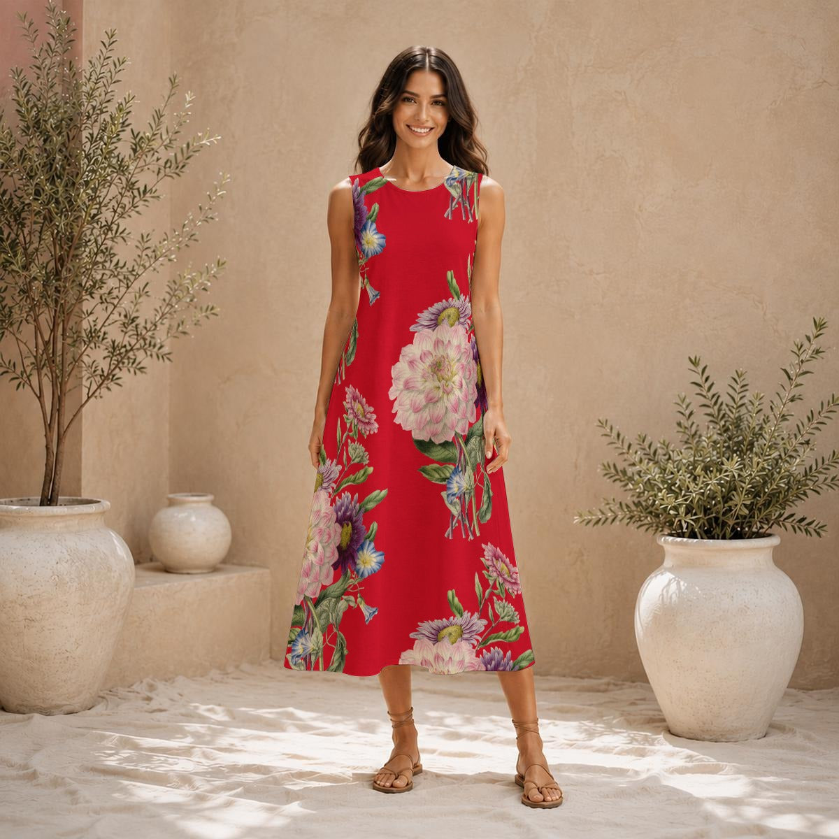 Scarlet Garden Sleeveless Midi Dress | Rose La Bohème™