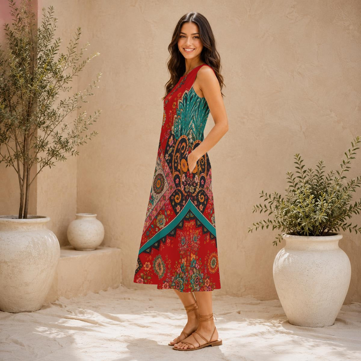 Mediterranean Mosaic Maxi Cotton Dress