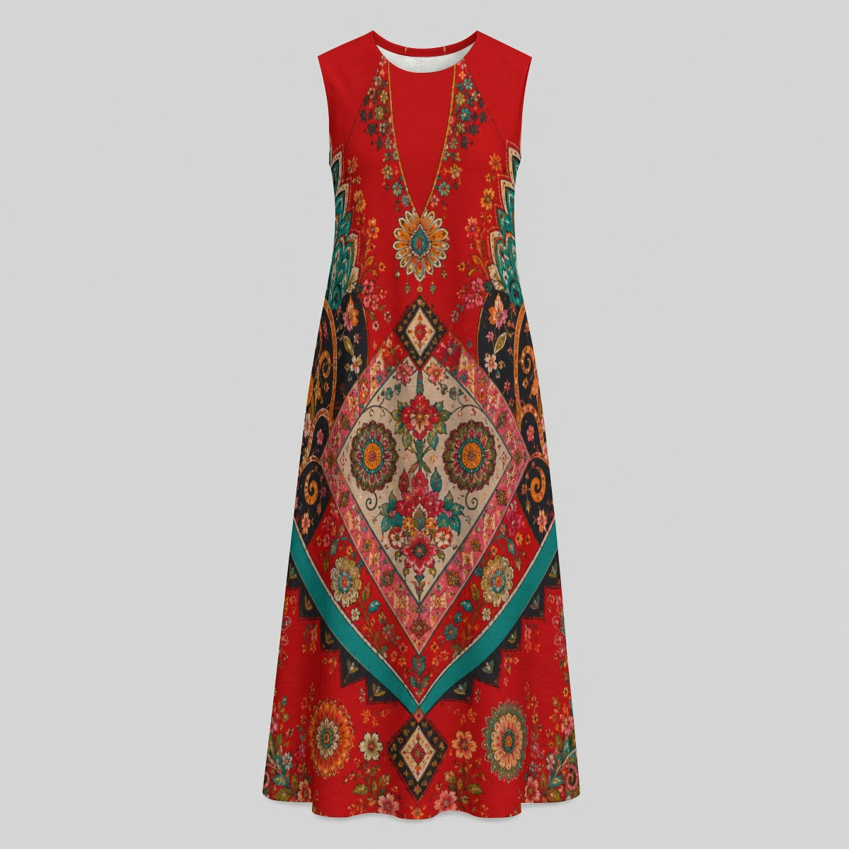 Mediterranean Mosaic Maxi Cotton Dress