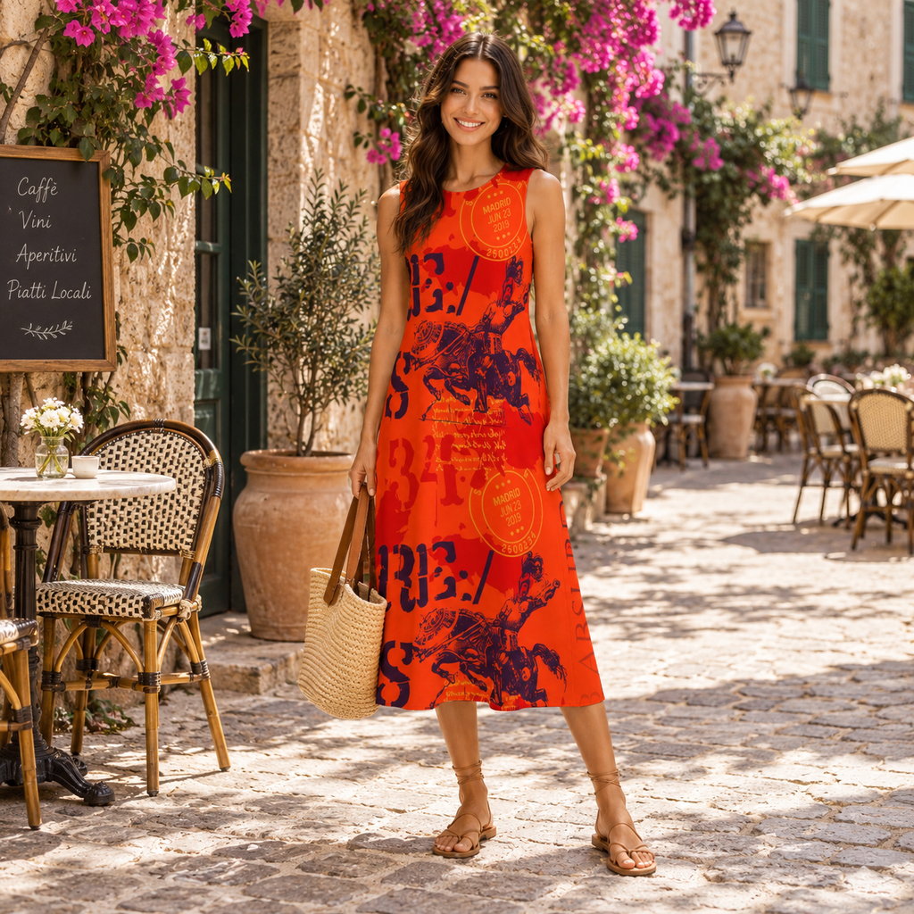 Madrid Graphic Cotton-Linen Midi Dress | Rose La Bohème™