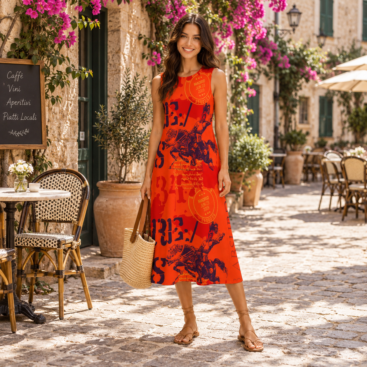 Madrid Graphic Cotton-Linen Midi Dress | Rose La Bohème™