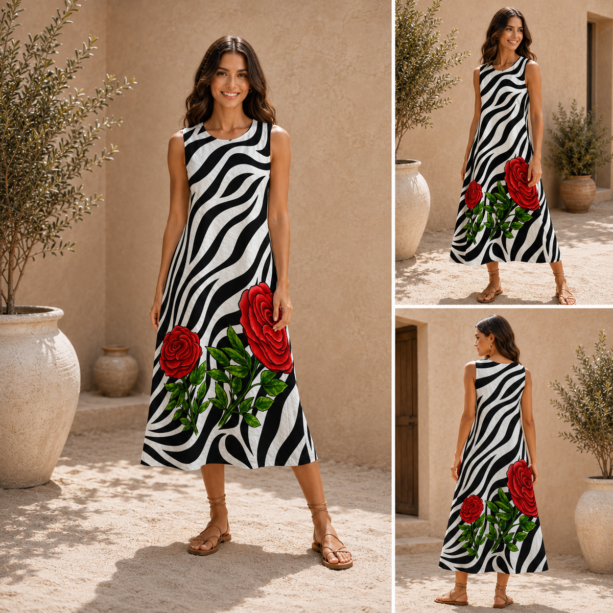 Zebra Rose Cotton-Linen Midi Dress | Rose La Bohème™