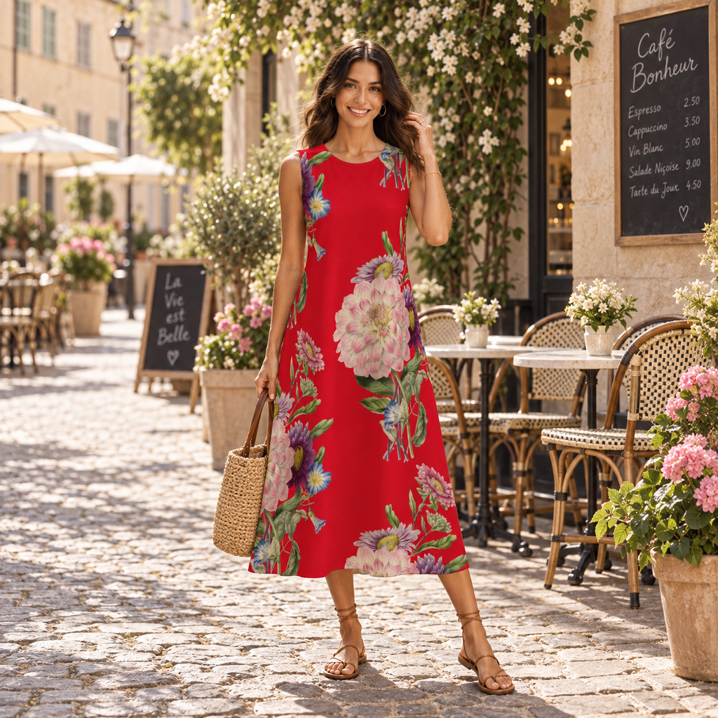 Scarlet Garden Sleeveless Midi Dress | Rose La Bohème™