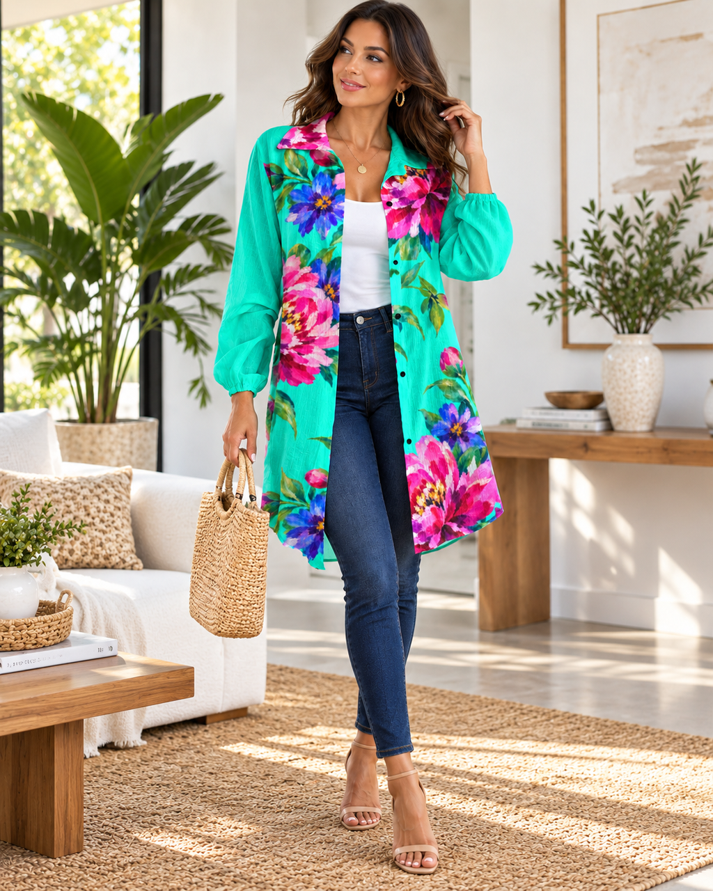 Jardin de Fleurs – Turquoise Floral Longline Shirt Blouse