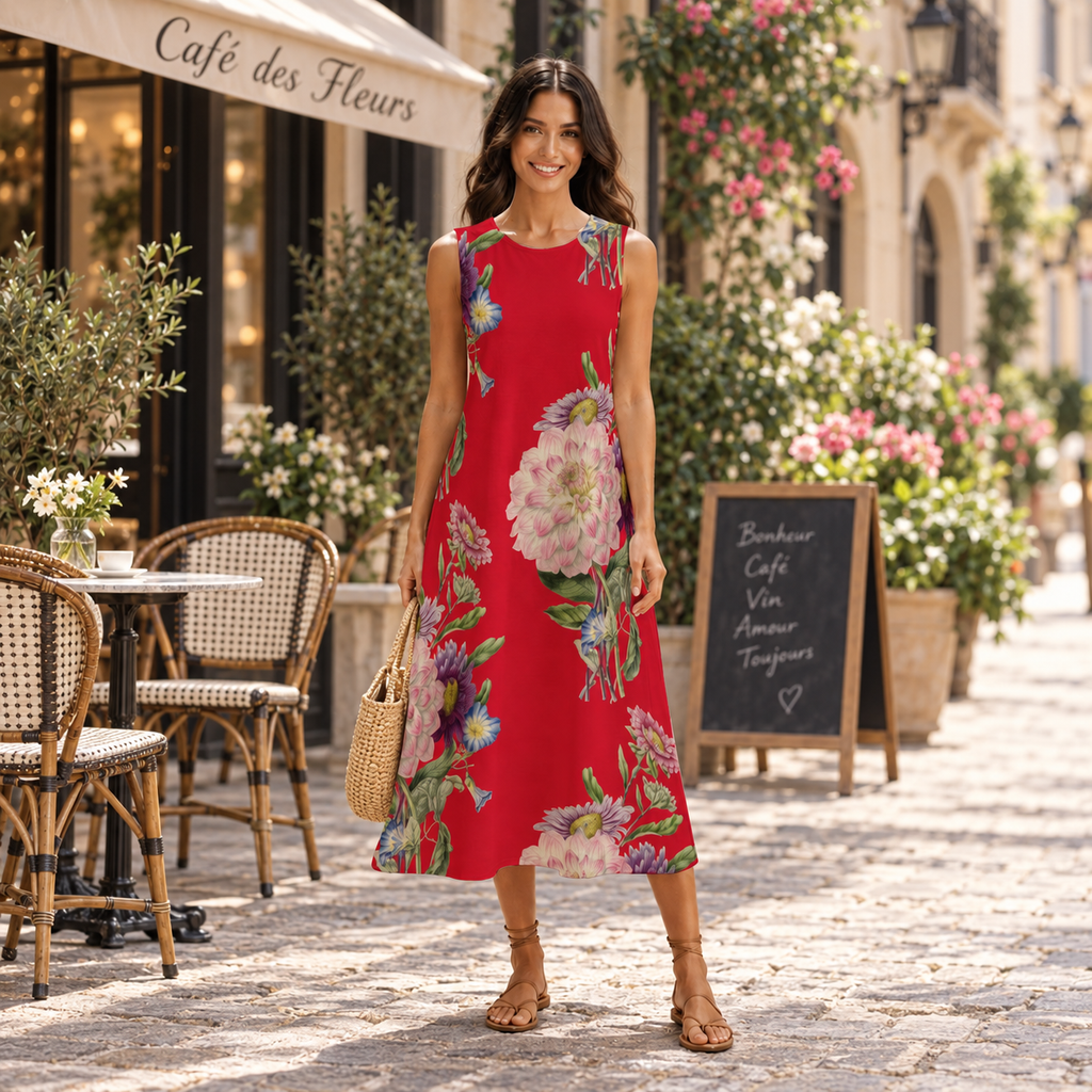 Scarlet Garden Sleeveless Midi Dress | Rose La Bohème™