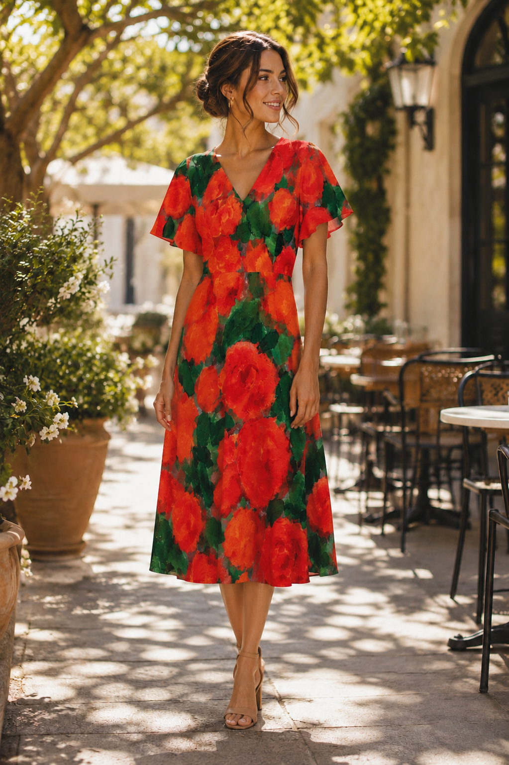 A Thousand Roses Flutter Sleeve Midi Dress
