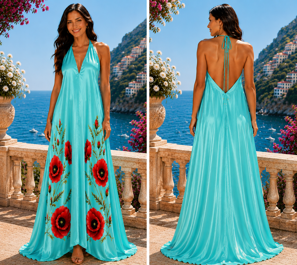 Turquoise Poppy Halter Backless dress