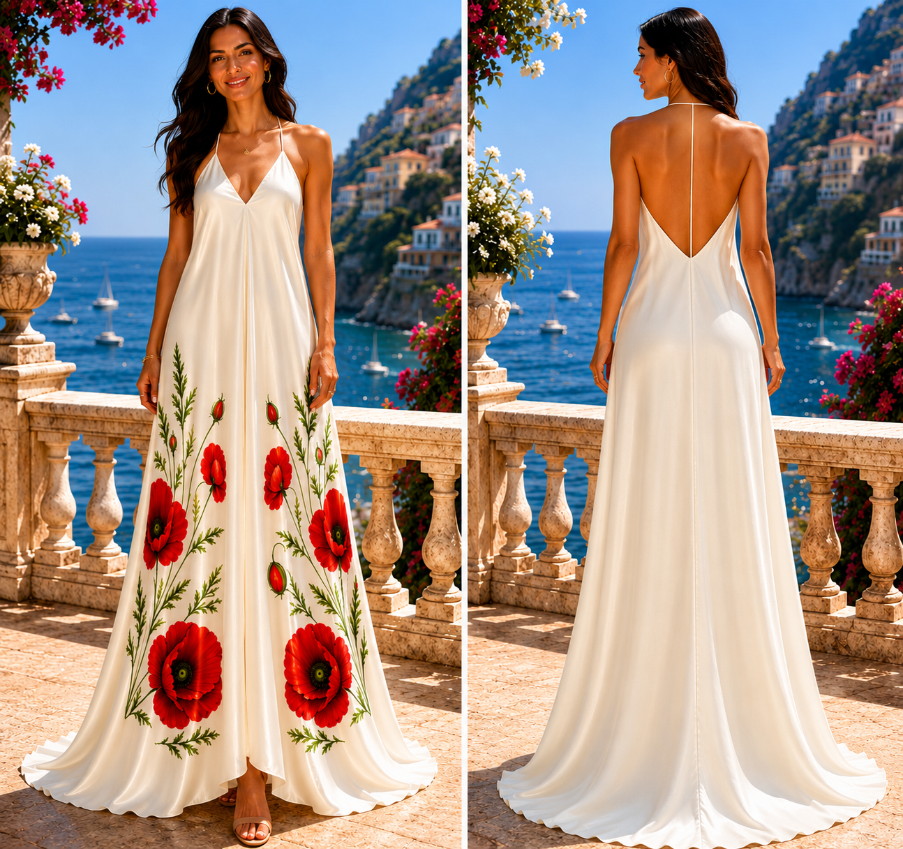 Ivory Poppy Silk Halterneck dress