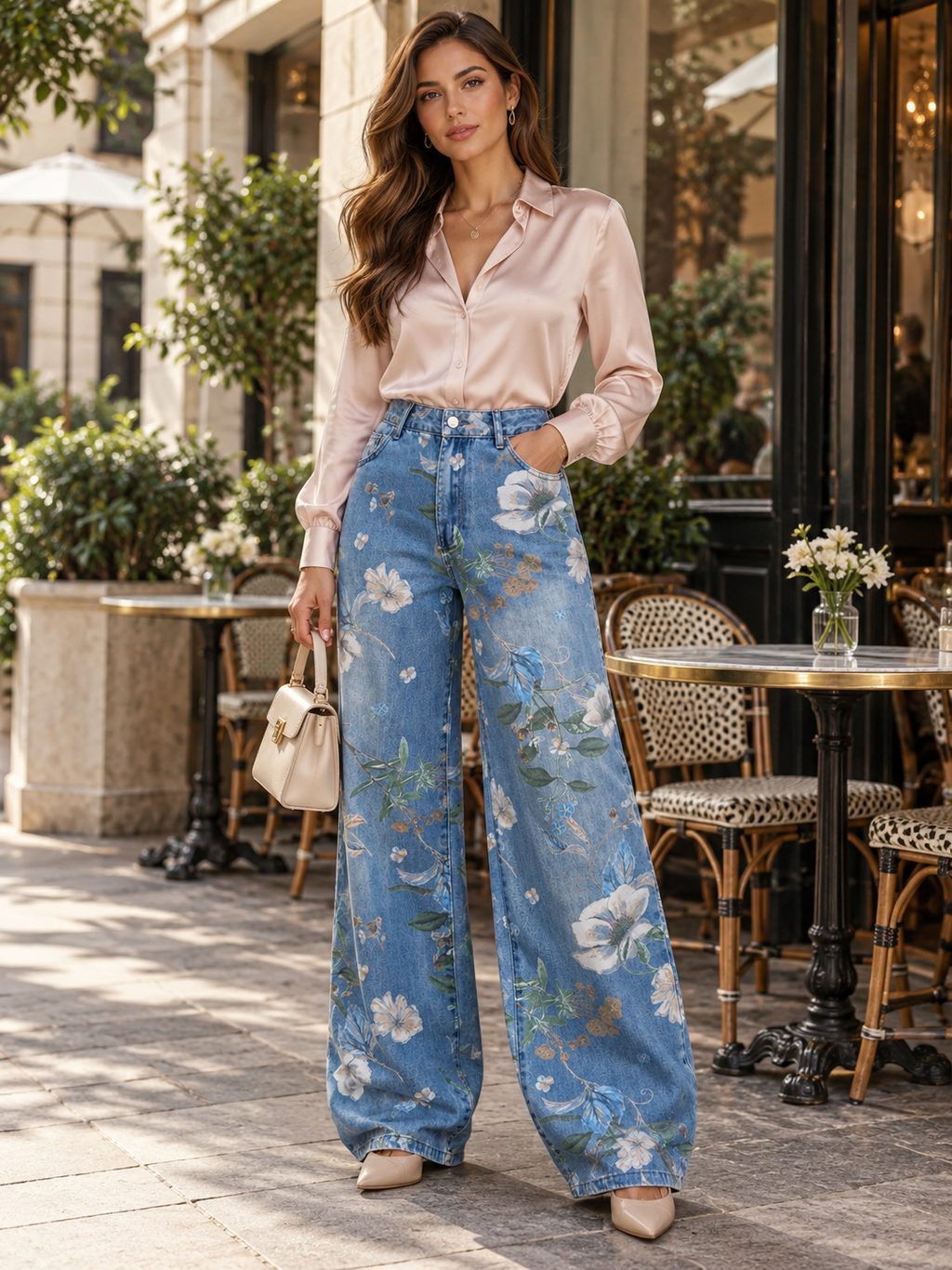 Patterned Wide Leg Jeans