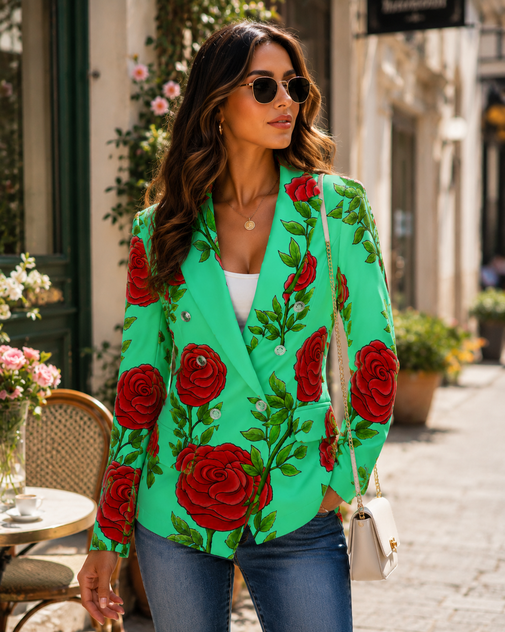 Turquoise Rose Double Breasted Blazer