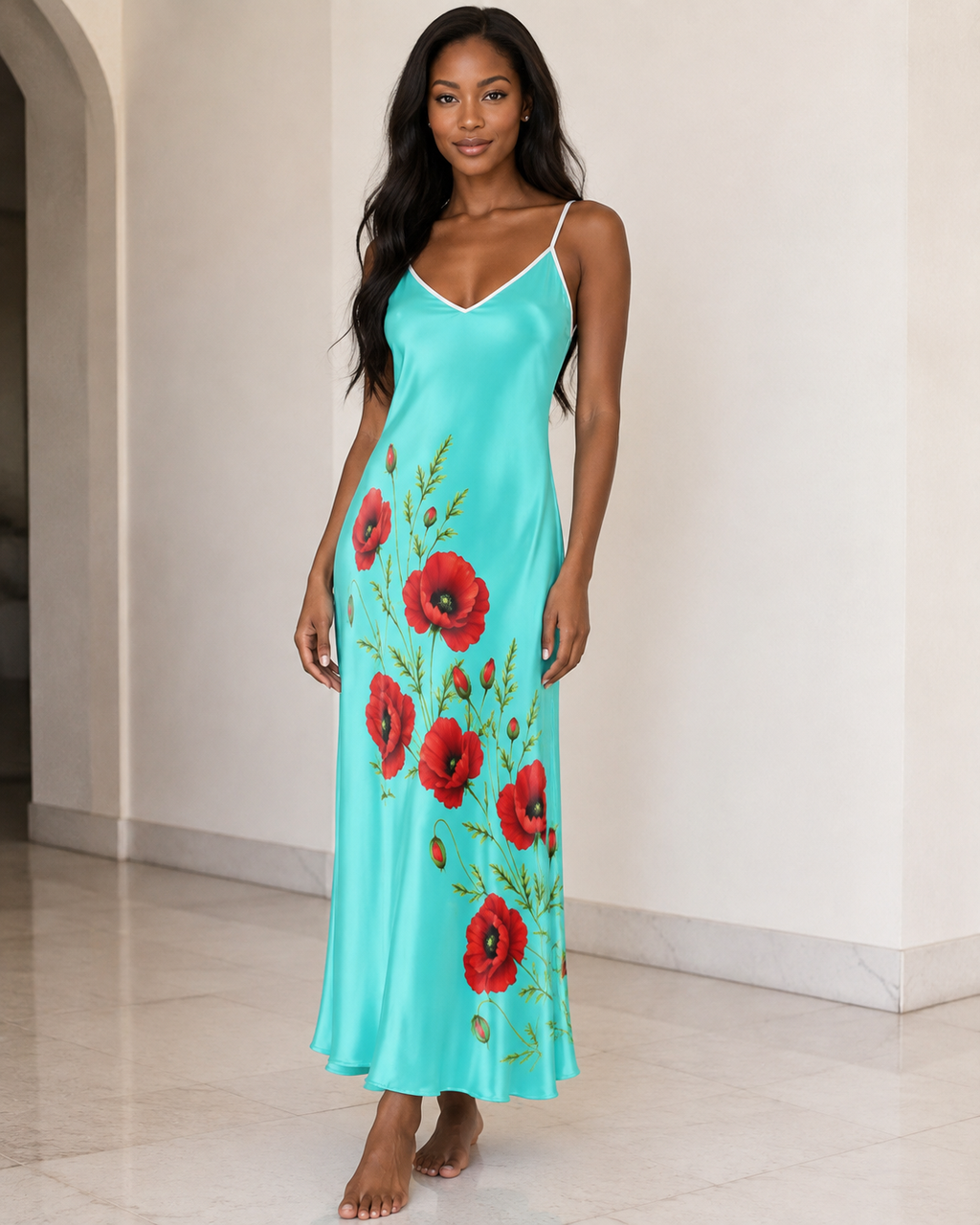 Turquoise Poppy Silk Maxi Dress