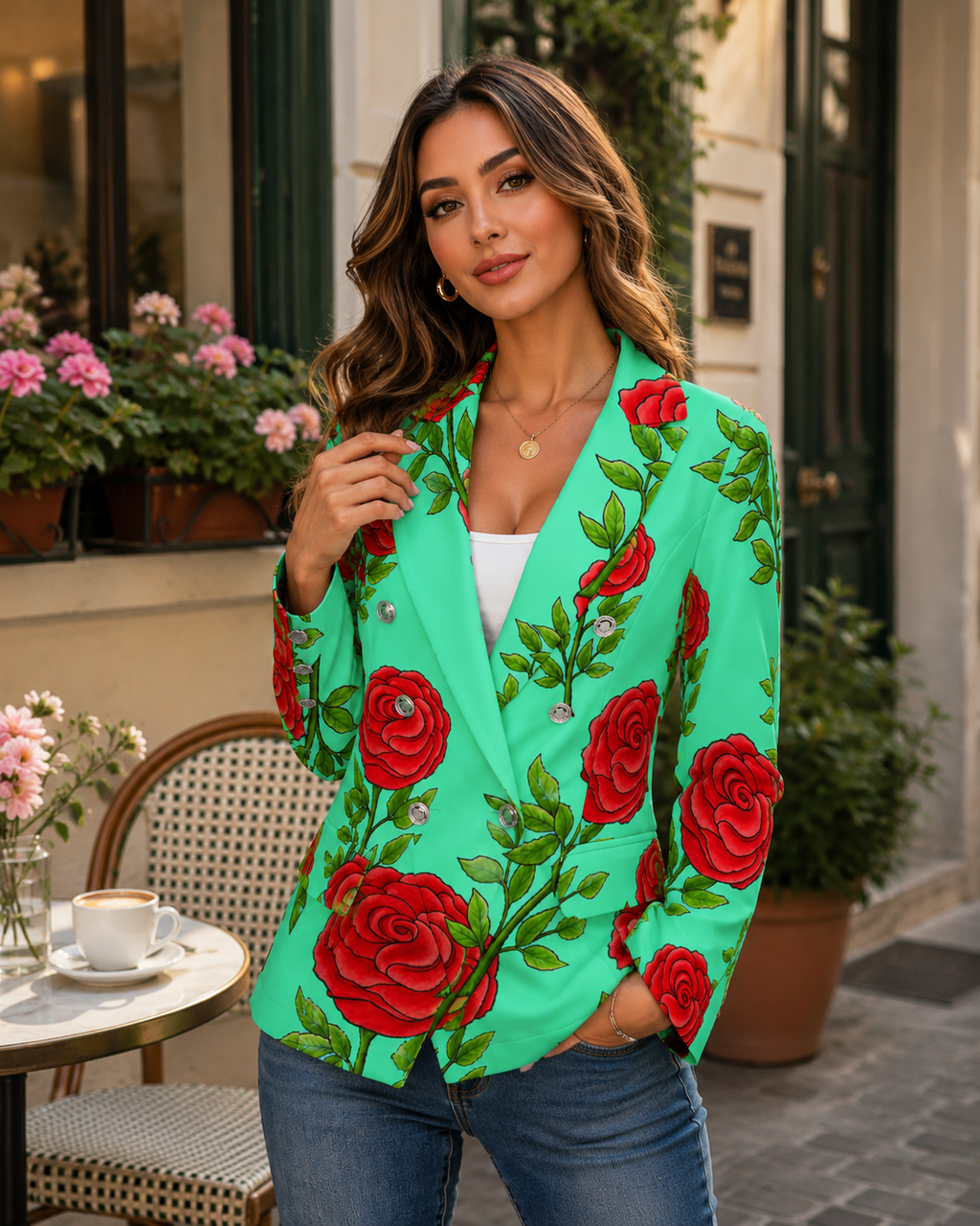 Turquoise Rose Double Breasted Blazer