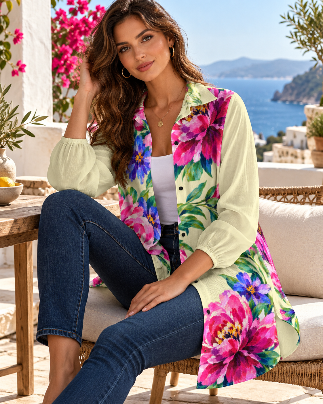 Jardin de Fleurs – Ivory Floral Longline Shirt Blouse
