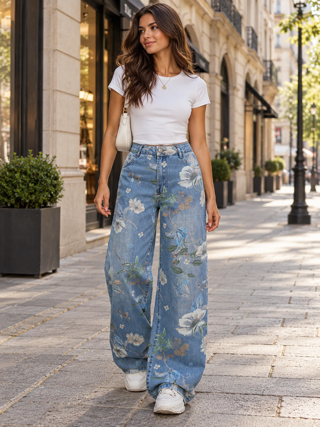 Patterned Wide Leg Jeans