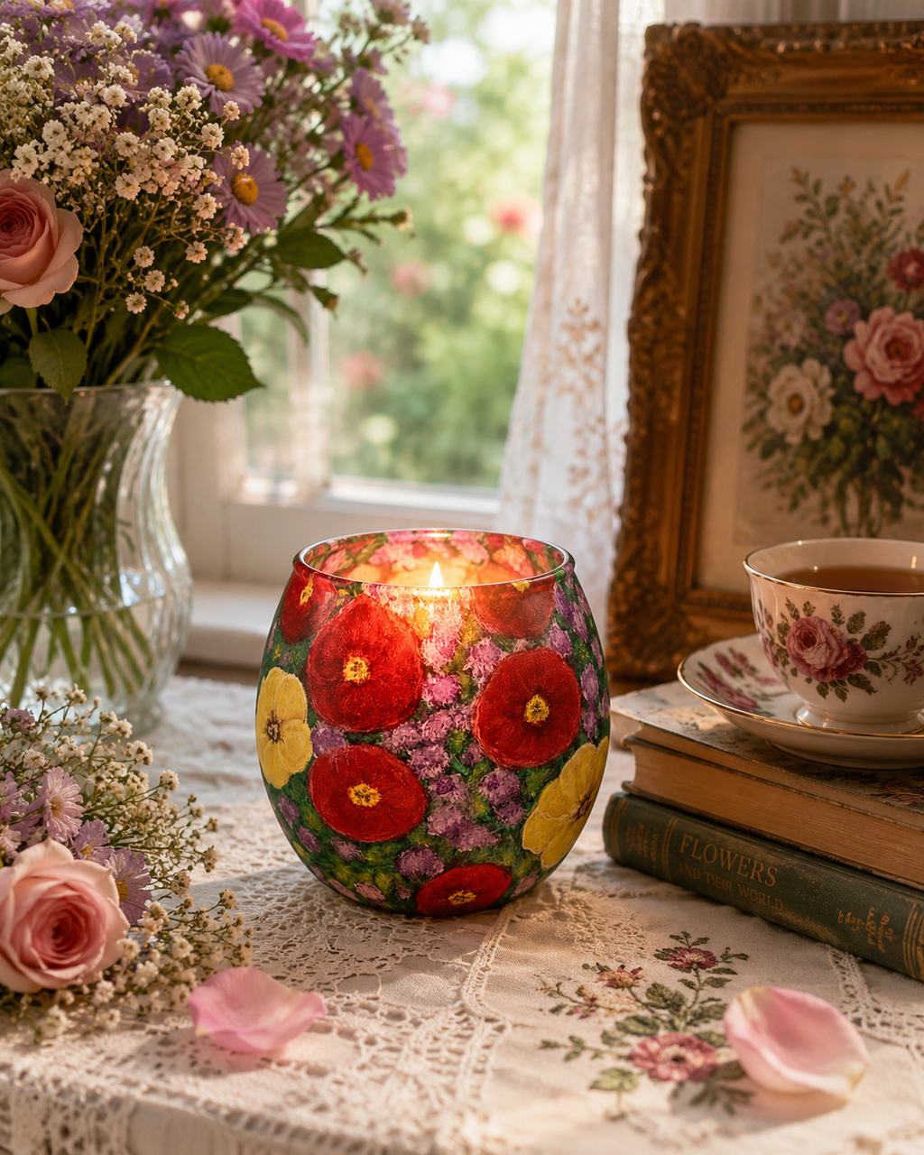 Bohemian  Poppy Garden - Glass Tealight Candle Holder