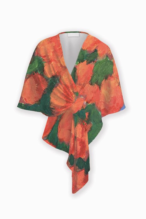 A Thousand Roses Floral Wrap, Red Orange Rose Print Shawl, Curved Cape (Ponte Fabric)