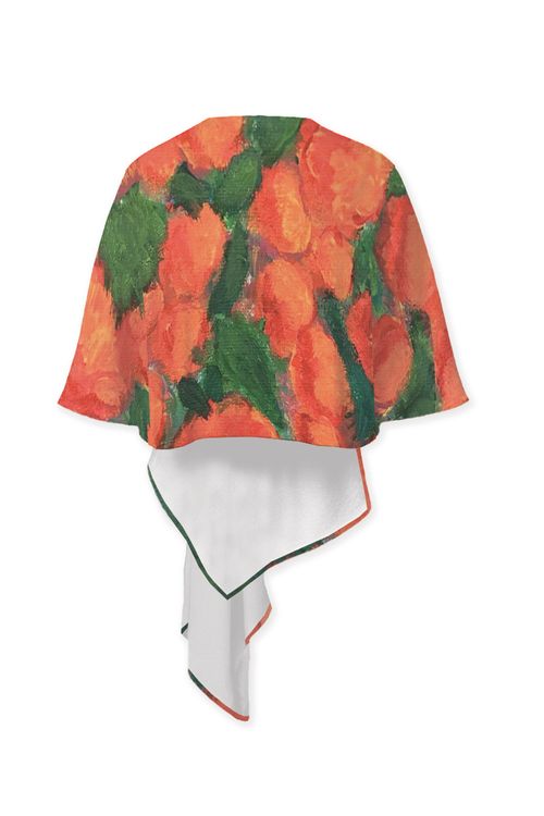 A Thousand Roses Floral Wrap, Red Orange Rose Print Shawl, Curved Cape (Ponte Fabric)